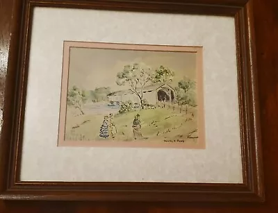 Vintage Framed Covered Bridge Landscape Watercolor Painting -Artist Signed BERRY • $38.50