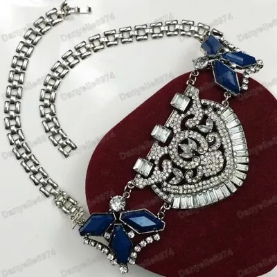 RHINESTONE&CRYSTAL NECKLACE Faux Lapis Gem VINTAGE Art Deco EGYPTIAN REVIVAL • £11.95