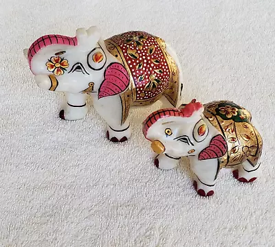 Elephant Made From White Marble & Hand Painted Trunk Up Figurine • $50