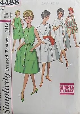 VTG 60s Simplicity 4488 Womens 14 Smock Tent Dress Housecoat Robe Retro Pattern • $7.79