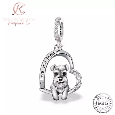 Schnauzer Dog Charm Genuine 925 Sterling Silver - I Love You - Animal Pet Gift • £17.49