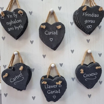 £5.50 • Buy Welsh Hanging Slate Hearts With Phrases Lovely Gift Home Decoration Cwtch Croeso