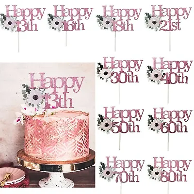 Rose Gold Happy Birthday Cake Topper Decorations Floral Girls Womens Party Decor • £1.99