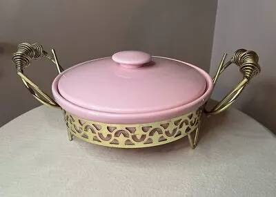 VINTAGE MCM Miramar Of California Pink Covered Casserole W Carrier 873 Ovenproof • $48.65