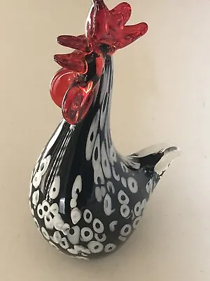 Murano Style Hand Blown Art Glass Rooster Figurine Paperweight Black White 10” • $21.40