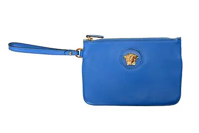 Versace Blue 100% Leather Medusa Logo Print Large Zip Around Wristlet Clutch • $349.99