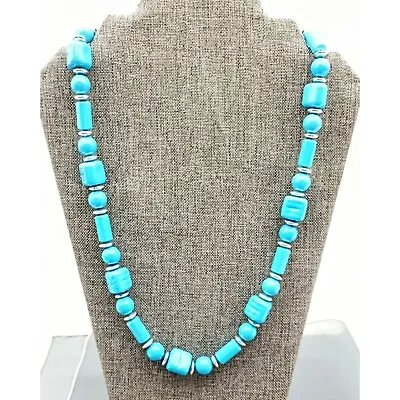 Vintage Turquoise Blue Tone Beaded Necklace Spaced Metal Chunky Beads 24  • $11.95