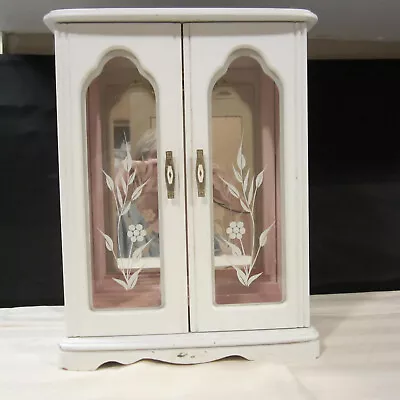 Jewelry Box Armoire Vintage Shabby Chic White Etched Glass Doors Tabletop 13.5   • $24