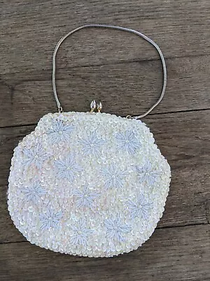 Vintage Broadway White Beaded Purse W Lewis Mirror Made British Colony Hong Kong • $34.99