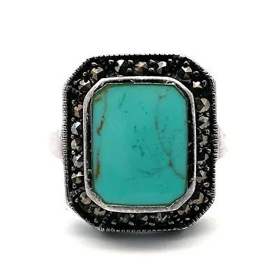 Sterling Silver Turquoise Marcasite Halo Ring-Size 7-4.3 Grams-A2454 • $39.99