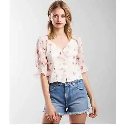 NWT Miss Me Cream Pink Floral Crinkle Chiffon Sheer Smocked Crop Top Size Large • $35