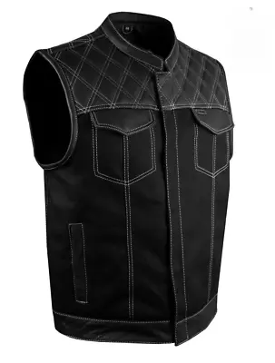 Men's Denim Leather Motorbike  White Thread Diamond Stitching Vest • $150