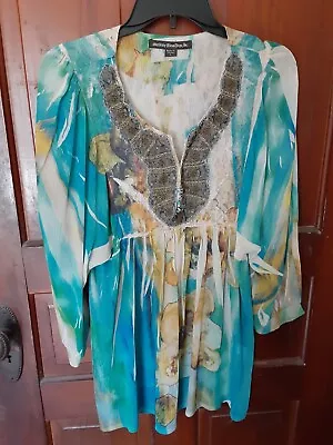 Mushka By Sienna Rose Inc Women's Large Top Teal Aqua Yellow Cream Beading • $8