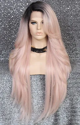Human Hair Blend 38  Long Full Lace Front Layered Wavy Pink Mix Heat OK RPU • $89.94