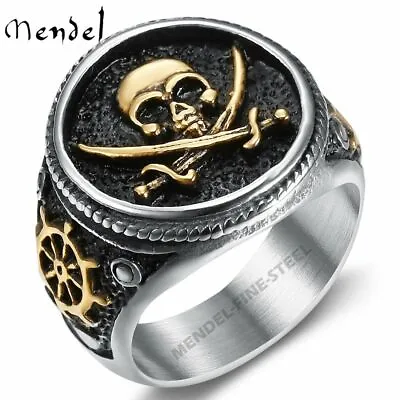 MENDEL Gothic Mens Stainless Steel Gold Plated Biker Pirate Skull Ring Size 6-15 • $11.99