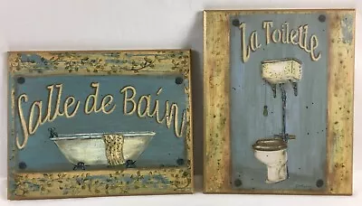 G. M. Pullen Set Of 2 Wood Bath Signs Plaques Salle De Bain & La Toilette Blue  • $24.14