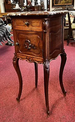 Antique French Provincial Carved Walnut Marble Chamber & Top Commode  • $795