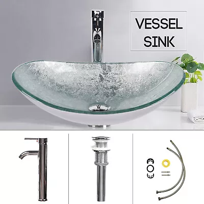 £68.99 • Buy Countertop Sink Basin Bathroom Cloakroom Wash Bowl Tempered Glass Tap Waste Set
