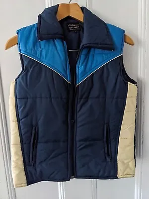 Real Vintage 80s Puffer Vest*Small*Navy Blue Tan & Teal Blue*Retro*Throw-Back • $24.99