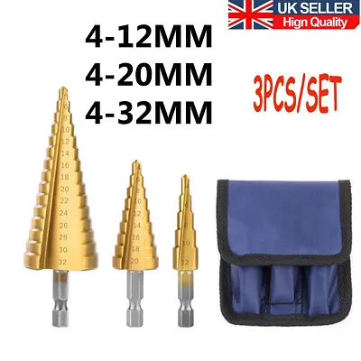 3pcs HSS Step Drill Bit Large Cone Titanium Bit Tool Set Metal Hole Cutter+Pouch • £9.69