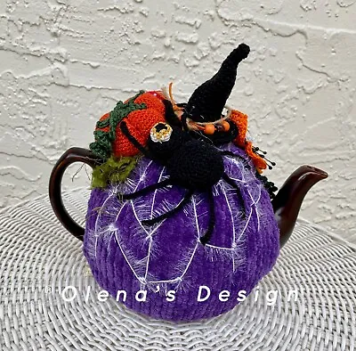 £64.50 • Buy Crochet Tea Cozy Purple Tea Cover Cosy Warmer Halloween Pumpkin Spider Spooky