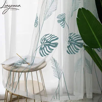 $11.48 • Buy Embroidered Palm Leaves Tulle Curtain For Living Room Plant Voile Sheer Curtains