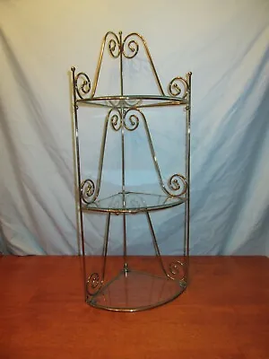 Vintage Mid Century Large Gold Ornate Metal Glass Wall Hanging Corner 3 Shelf 26 • $74.50