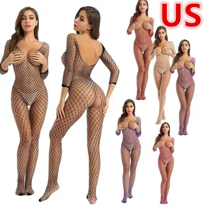 US Womens Fishnet Bodystocking Teddy Hollow Out Closed Leotard Bodysuit Lingerie • $7.23