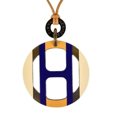 $625.19 • Buy Hermes H Equipe Pendant Marine Buffalo Horn Necklace Leather Round Motif Logo