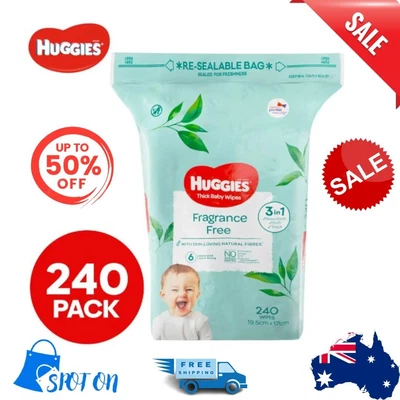 $19.95 • Buy Huggies Fragrance Free Soft Thick Baby Wipes 3 X 80pk (240 Pack) | FREE SHIPPING