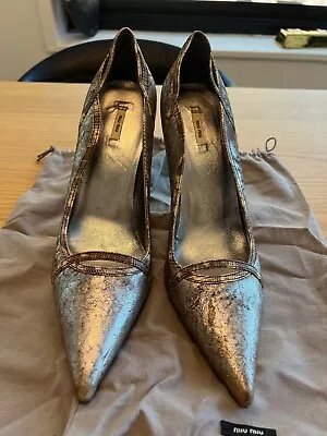 Vintage 90s Mui Mui Distressed Silver Leather + Brown Snake Stiletto Heels 39.5 • £120.52