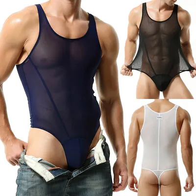 Men Mesh Sheer Undershirts Bodysuit One-piece Male Gay Leotard Rompers Underwear • £13.55