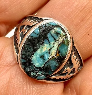 Turquoise Ring Size 8  Sterling Silver Thunderbird Southwest Handmade • $49.94