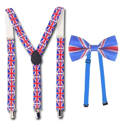 $4.50 • Buy Union Jack Bow Tie & BRACES Set Men Women Unisex Trouser Elastic Y-Back Britain