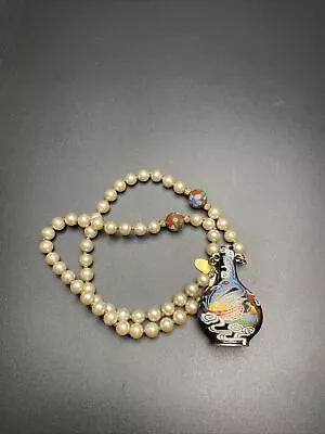 Miriam Haskell Cloisonne Pendant Necklace Vintage With Faux Pearls • $75