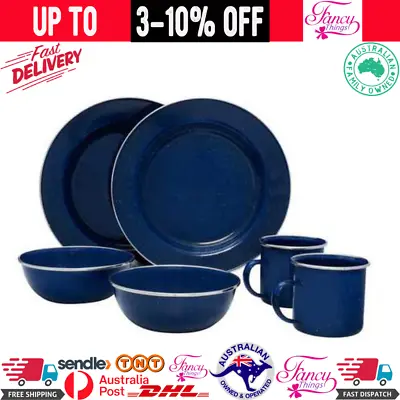 Picnic Outdoor Camping Dinner Set Mugs Bowls Plates Dishes Metal Blue Enamel Cup • $43.91