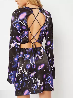 Skinny Dip Black Purple Galaxy Cut Out Long Sleeve Mini Dress Size 8 RRP £40 • £19.99