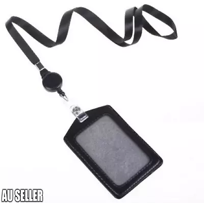 Leather Business ID Badge Card Holder & Retractable Lanyard Neck Strap Band  • $5.99