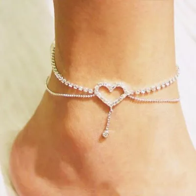 Adjustable Ankle Bracelet Crystal Heart Silver Anklet Women Foot Chain Jewelry • £4.29