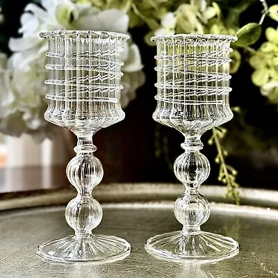 2 Venetian Style Glass Goblets Optic Applied Swirl Hollow Ball Stem Wedding 6.3” • $65