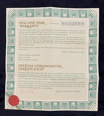 ROLEX VINTAGE WATCH WARRANTY CERTIFICATE OPEN PUNCH PAPERS Circa 1970-80's • $300