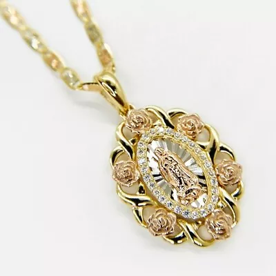 14k Solid Gold Virgin Mary Virgen Maria Lady Guadalupe Rose Round Circle Pendant • $139
