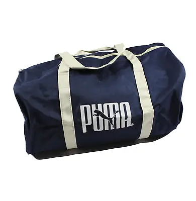 NOS Vintage 90s Puma Spell Out Duffle Duffel Bag Handled Gym Bag Navy Blue White • $31.45