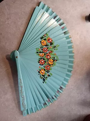 Vintage Hand Painted Wood Hand Fan With Fabric Edge Blue  Floral 8.  Tall.  (46) • $10