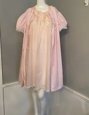 Vintage Val Mode Pink Baby Doll Nightie Robe Set House Dress Short Sleeve Large • $24.99