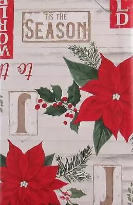 Christmas Vinyl Flannel Back Tablecloth Joy To World Poinsettia 52 X 70 Oblong • $19.99