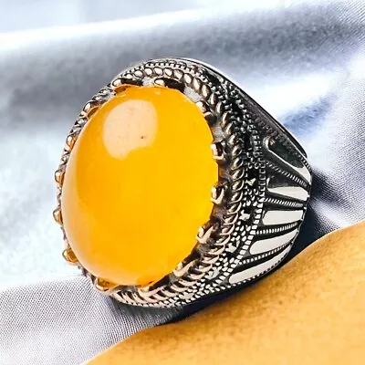 Men Yellow Agate Marcasite Ring Sterling Silver Vintage Oval Aqeeq Gemstone • $54