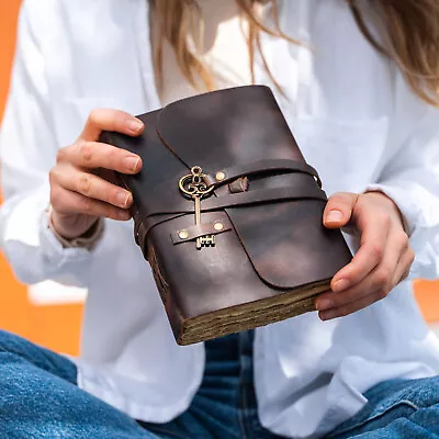 Leather Journal With Lined Deckle Edge Paper 8x6 Inch And Vintage Key • $21.99