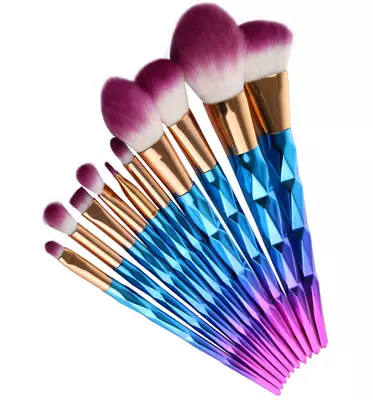  10 Pc Hot Pink & Blue Diamond Cut Metallic Finish Unicorn Makeup Brush Set • $34