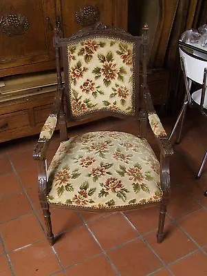 Louis XV Style French Carved Oak Fabric Upholstered Armchair- (030039) • £175